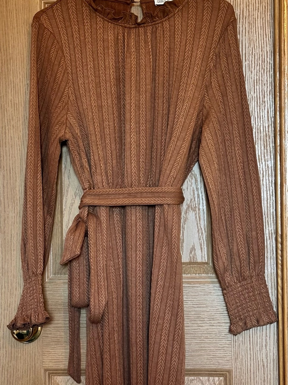 Grace Karin Rust Brown Textured Belted Long Sleeve Dress